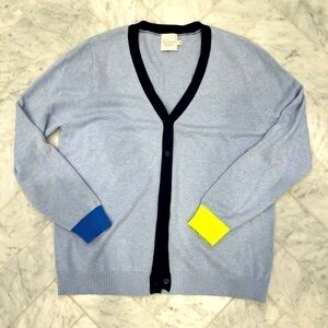 WHIPSER BY Brodie stunning knit light blue, navy & neon yellow button cardigan M